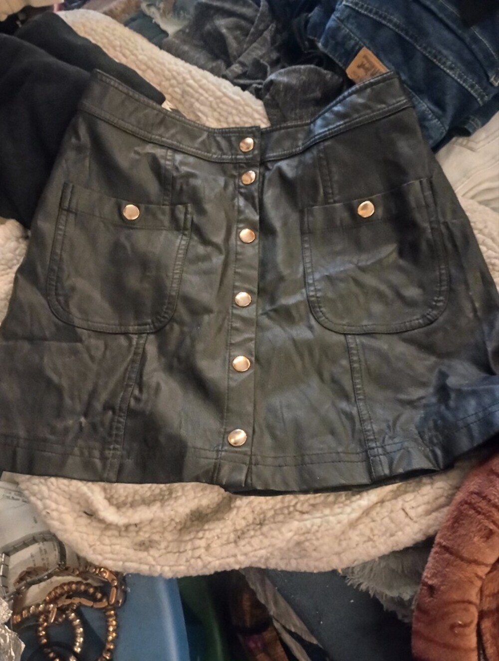 Forever 21 Black Faux Leather Mini Skirt with Gold Buttons